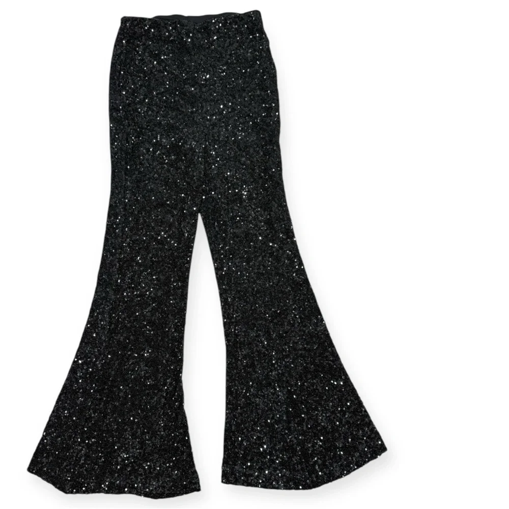 Express Super High Waisted Sequin Flare Pant Black Size Small - Picture 8 of 10
